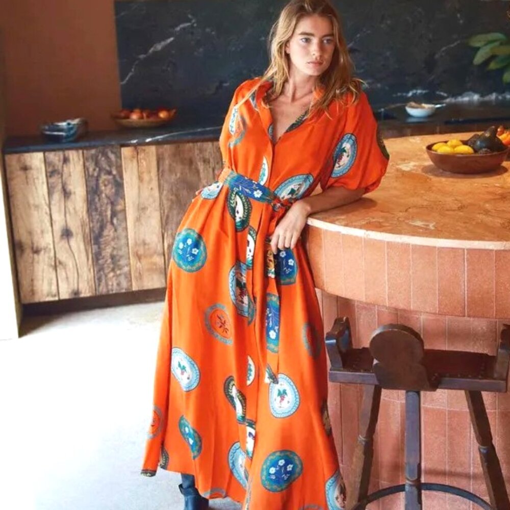 DEEP ORANGE RUST MAXI BUTTON DOWN HALF SLEEVE CIRCLES PRINT WAIST SASH DRESS